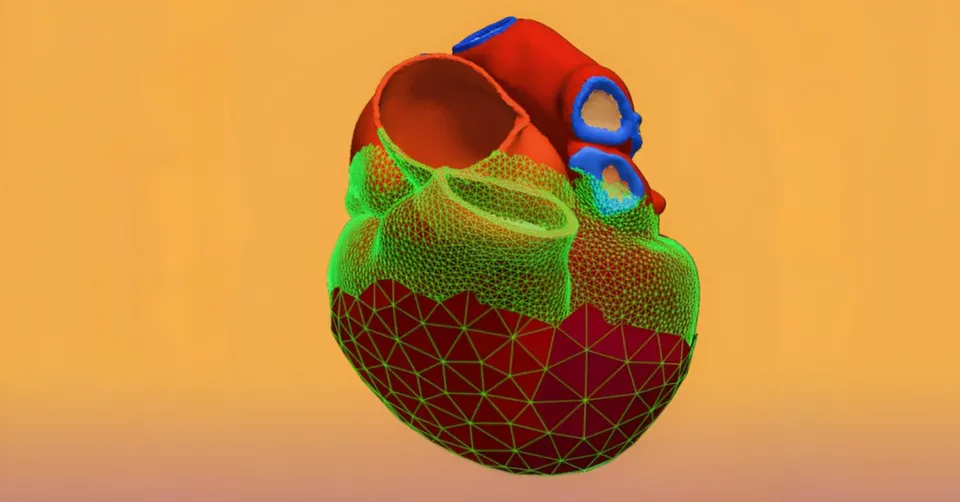 A cardiac mesh on an orange ground, from the group's AI UK exhibit