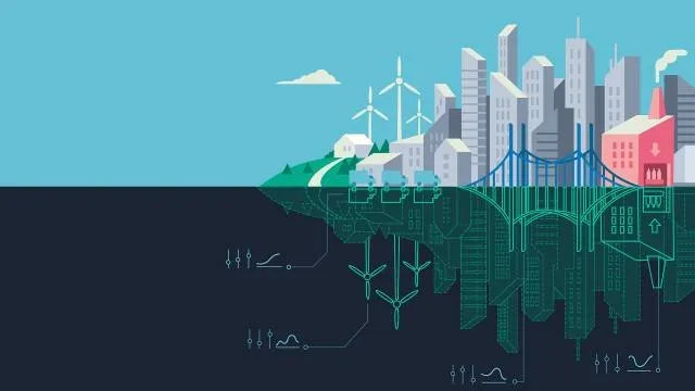 An illustration of a city and its digital twin, from the Turing's digital twins cluster